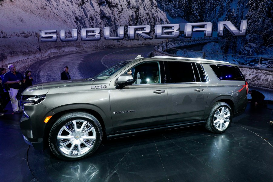 The new 2021 Chevrolet Suburban High Country is shown on stage after it was revealed by General Motors at Little Caesars Arena