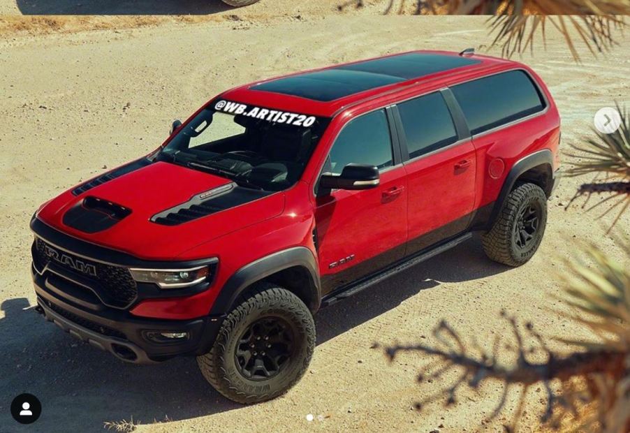 A red Ram 1500 Crew Cab has been rendered with a seamless hardtop extending back to the tailgate.