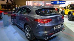 Alfa Romeo Stelvio Quadrifoglio front engine, all wheel drive, five door, compact luxury crossover SUV on display at Brussels Expo