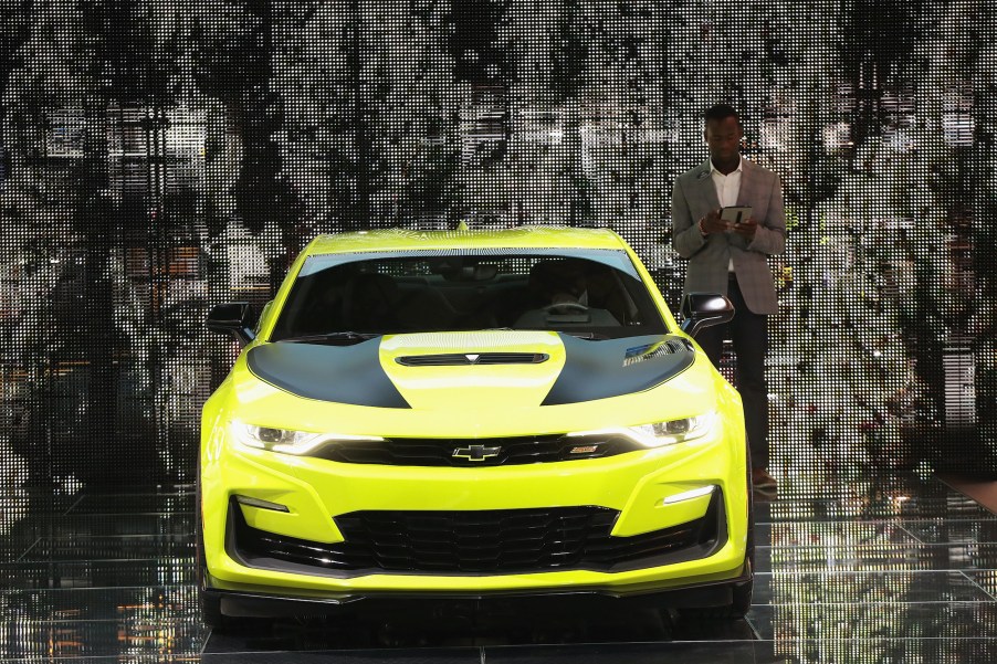 Chevy shows off its Chevrolet Camaro, rival to the Ford Mustang, at the North American International Auto Show