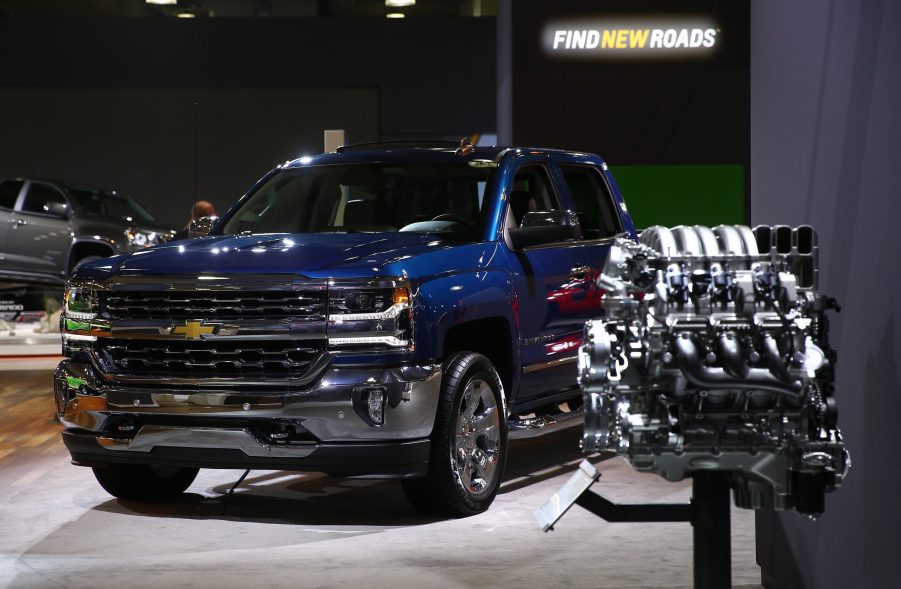 A Chevy Silverado 1500 on display at an auto show