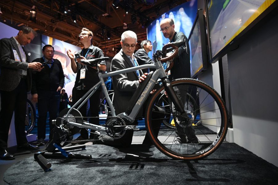 An electric bike on display at a show