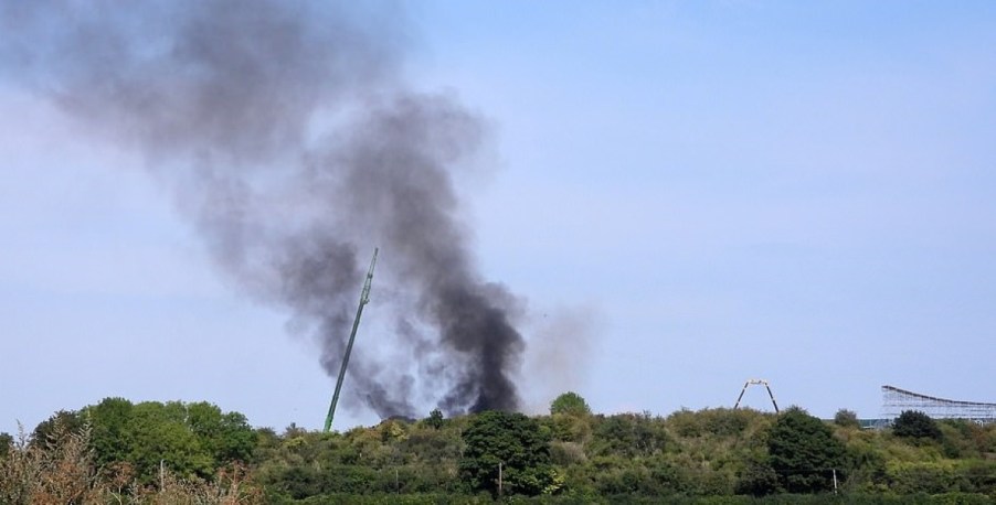 Fire and smoke arise from a motorcycle stunt that went wrong on the set of Mission Impossible 7.