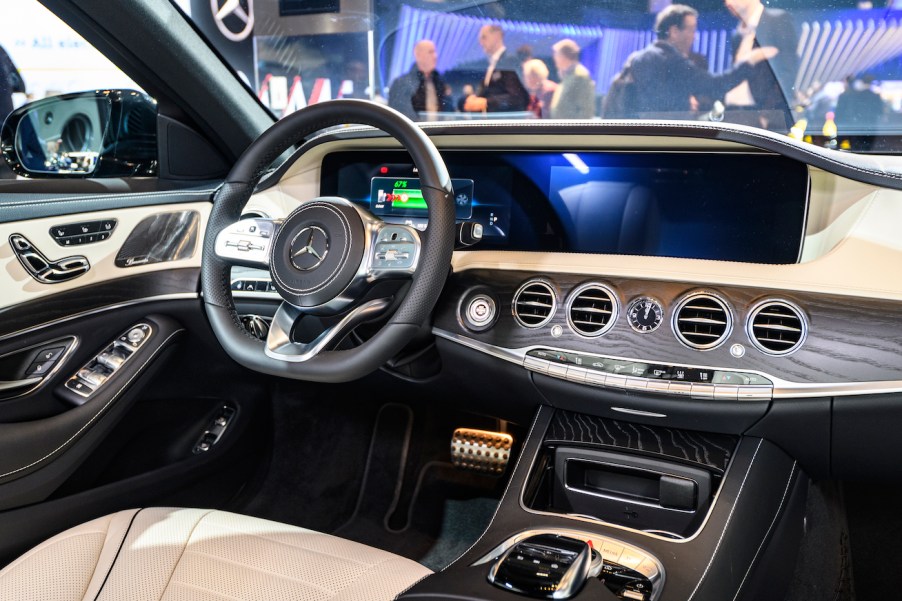 Mercedes-Benz S-Class S560e 4MATIC Plug-in hybrid sedan luxury limousine interior on display at Brussels Expo