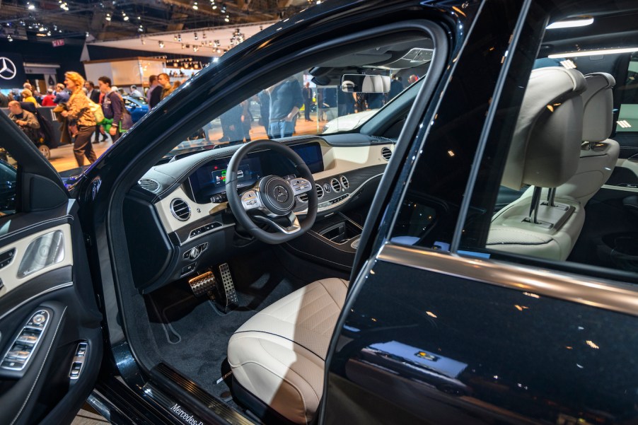 Mercedes-Benz S-Class S560e 4MATIC Plug-in hybrid sedan luxury limousine interior on display at Brussels Expo