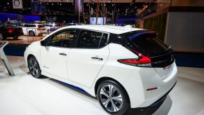 Nissan Leaf compact five-door hatchback battery electric vehicle on display at Brussels Expo