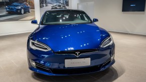 Tesla Model 3, model X and model s in the exhibition hall of the newly opened Tesla experience center