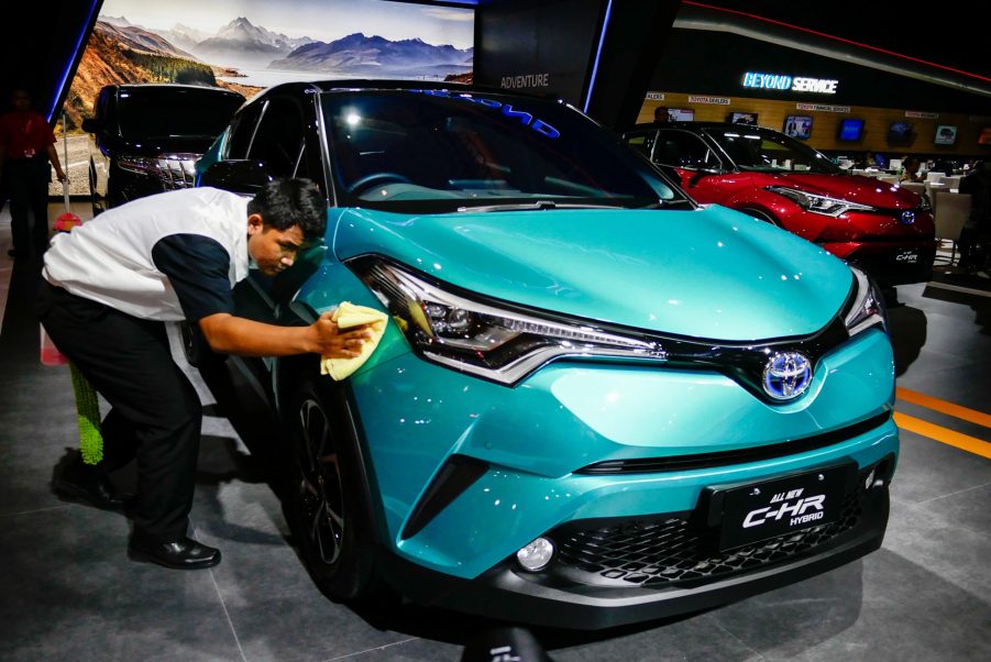 A Toyota CH-R on display at an auto show