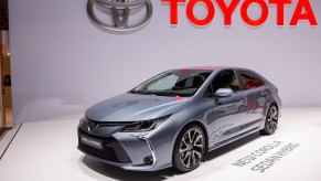 The Toyota Corolla Hybrid, competing with the Honda Civic, is displayed during the first press day at the 89th Geneva International Motor Show