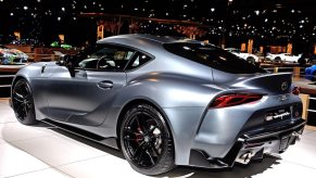 The Toyota Supra is on display at the Dream Car exposition, which is part of the Brussels Motor Show