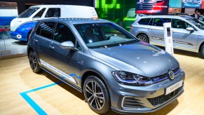 Volkswagen Golf GTE plug-in hybrid hatchback car on display at Brussels Expo