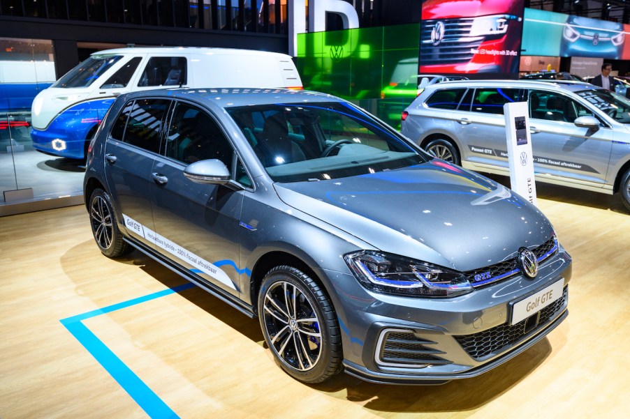 Volkswagen Golf GTE plug-in hybrid hatchback car on display at Brussels Expo