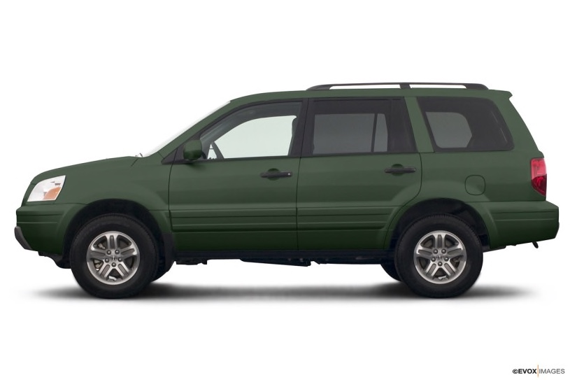 green 2005 Honda Pilot from the side in a press photo against a white backdrop is an example of a good used SUV according to KBB