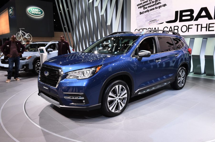 A blue 2019 Subaru Ascent on display at an auto show