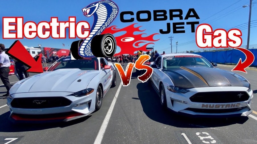 A light-blue 2020 Ford Mustang Cobra Jet 1400 next to a white-and-black 2018 Ford Mustang Cobra Jet 50th Anniversary Edition