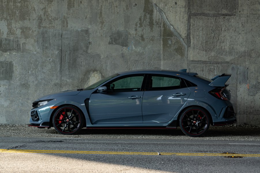 A gray 2020 Honda Civic Type R against a concrete wall