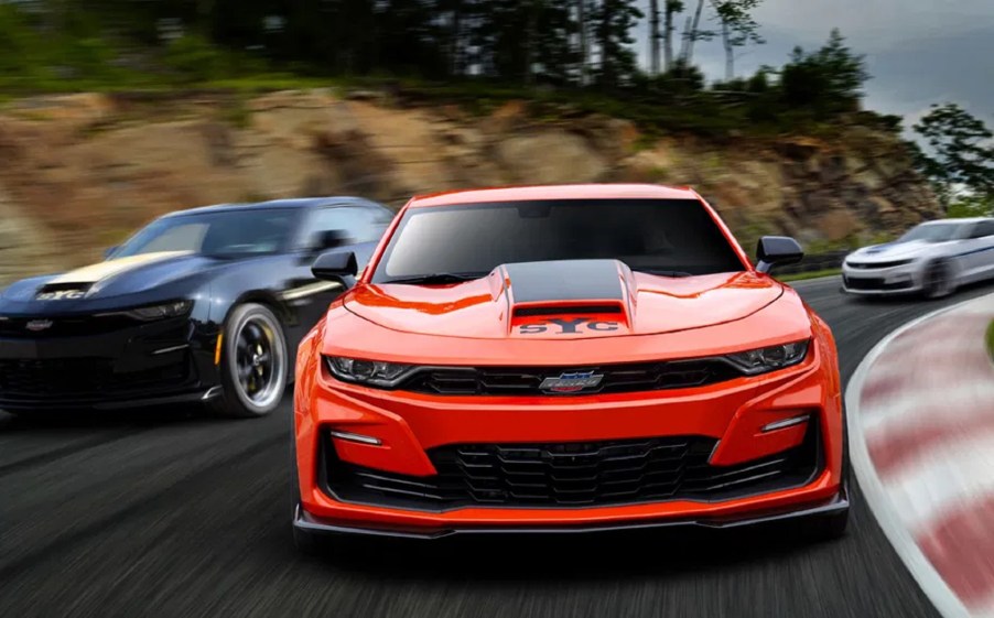 Several 2020 SVE Chevrolet Yenko/SC Camaro Stage I racing around a track