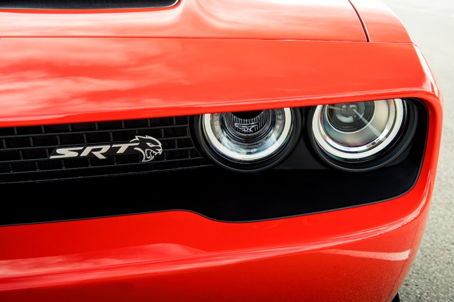 2020 Dodge Challenger SRT up close front detail shot of the grill and headlights