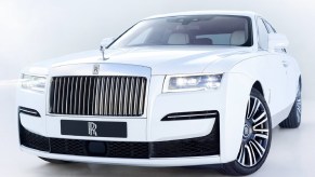 A white 2021 Rolls-Royce Ghost, the luxury brand's entry-level car