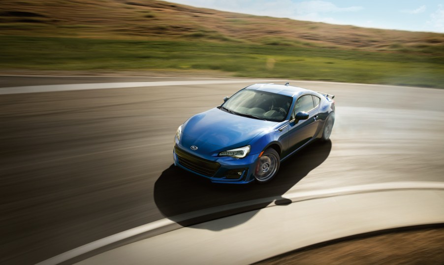 The Subaru BRZ is a lightweight rear-wheel-drive sports car with 205 hp and a manual transmission.