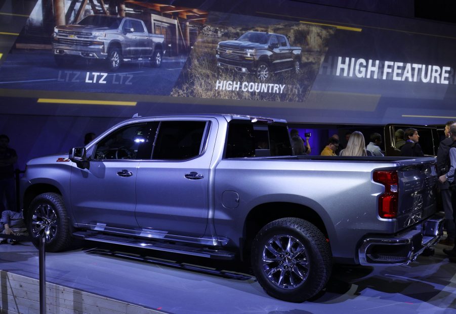 A new Chevy Silverado on display at an auto show