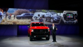 Alan Batey, General Motors Executive Vice President, introduces the new 2019 Chevrolet Silverado 1500 at its official debut at the 2018 North American International Auto Show