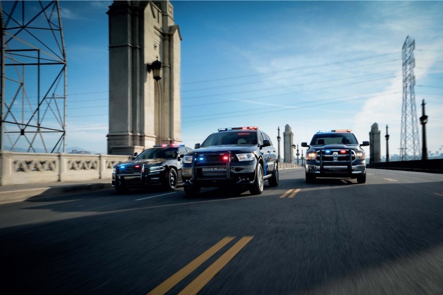 2020 Dodge Charger Pursuit and 2020 Dodge Durango Pursuit on a bridge in the city