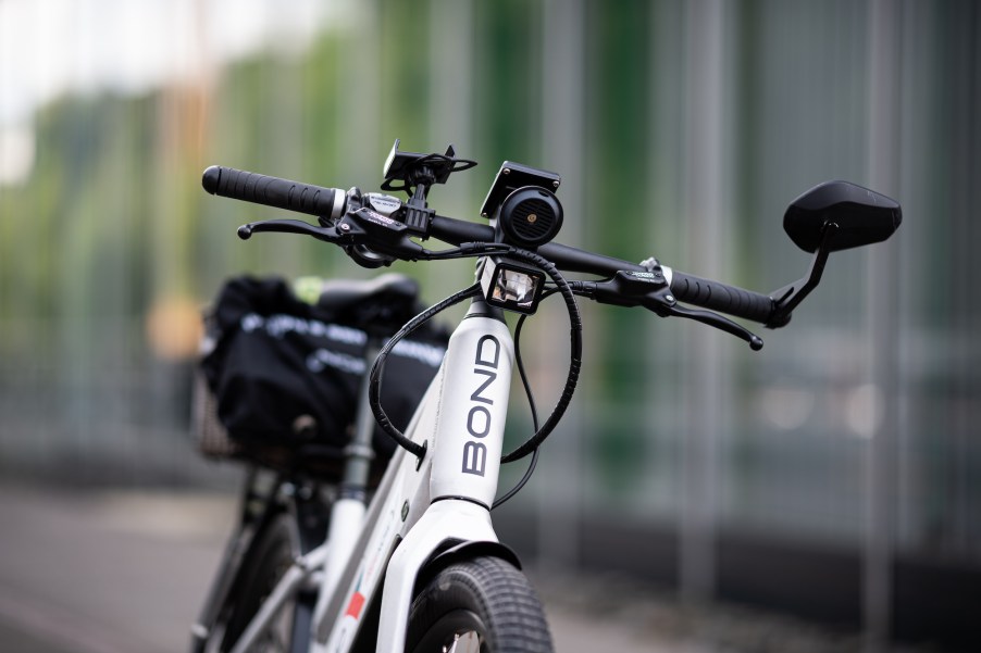 An e-bike from Bond Mobility is parked during a press appointment of Free Now and Bond Mobility