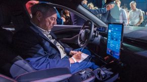 The interior of Ford's first mass-market electric car the Mustang Mach-E, which is an all-electric vehicle that bears the name of the company's iconic muscle car