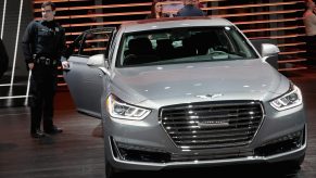 A Genesis G90 on display at an auto show