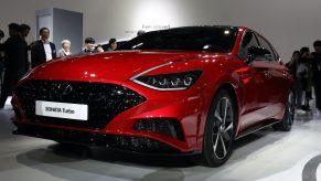 People view the Hyundai Motor SONATA during the Seoul Motor Show 2019 at KINTEX