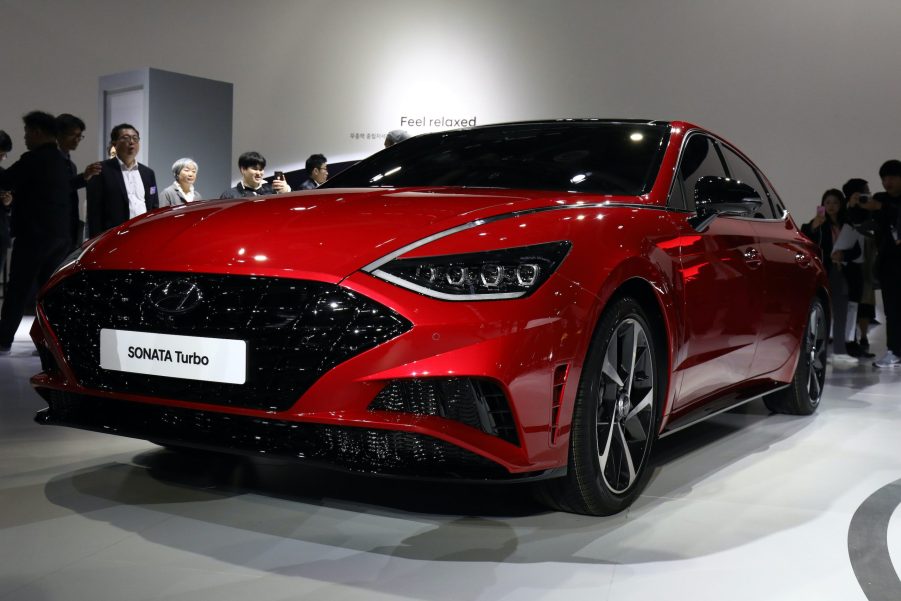 People view the Hyundai Motor SONATA during the Seoul Motor Show 2019 at KINTEX