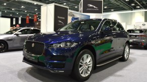 A Jaguar F-Pace SUV is displayed during the London Motor and Tech Show