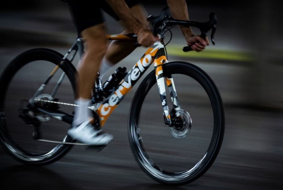 The Cervelo R5 Lamborghini Edition bicycle in motion