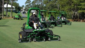 Fairway lawnmowers are seen during previews prior to the start of THE PLAYERS Championship