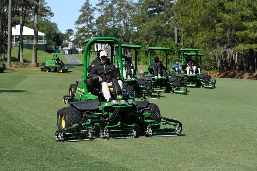 Fairway lawnmowers are seen during previews prior to the start of THE PLAYERS Championship