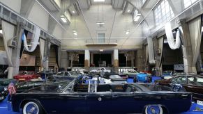 A 1963 Lincoln Continental Limousine Cabriolet vehicle on display during a preview for the upcoming Coys Spring Classics auction at the Royal Horticultural Society's Lindley Hall in London