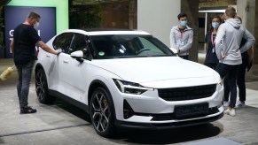 A Polestar 2 electric car stands on display at a press preview at the Greentech Festival