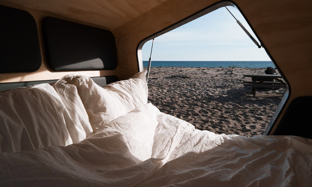 The inside of a Polydrop trailer with faux leather trim.