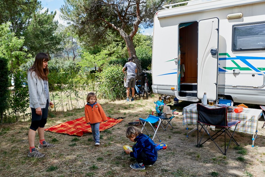 RV motor coach in Spain with a family