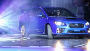 A Subaru WRX STI on display at an auto show