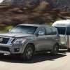 A 2020 gray Nissan Armada towing a trailer.