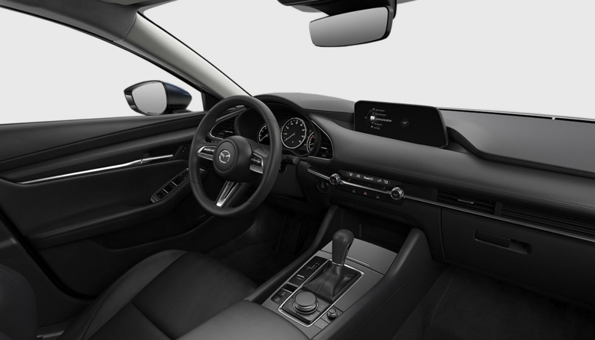 Front seats of the 2019 Mazda3 with black faux leather.