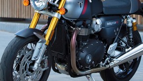 A silver-black-and-red 2020 Triumph Thruxton RS