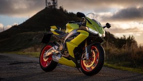 A bright-yellow 2021 Aprilia RS 660 at sunset