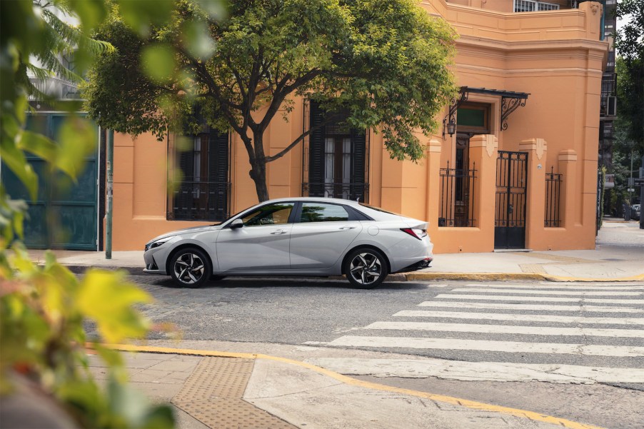 A gray 2021 Hyundai Elantra parked