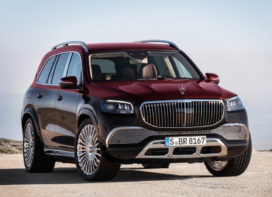 A dark-blue-and-maroon 2021 Mercedes-Maybach GLS 600