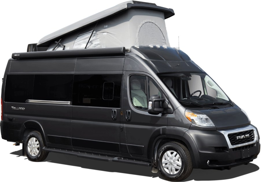 The exterior of a black 2021 Thor Motor Coach Tellaro Class B RV