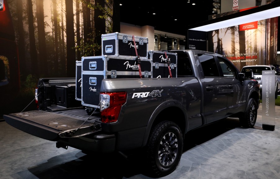 A Nissan Titan on display at an auto show