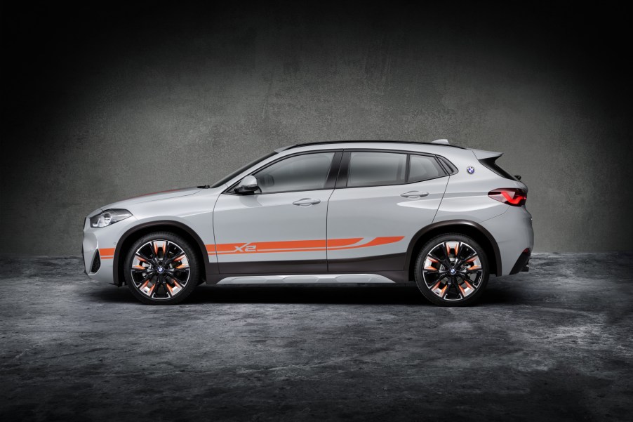 2021 BMW X2 M Mesh Edition on display in front of a gray and black background